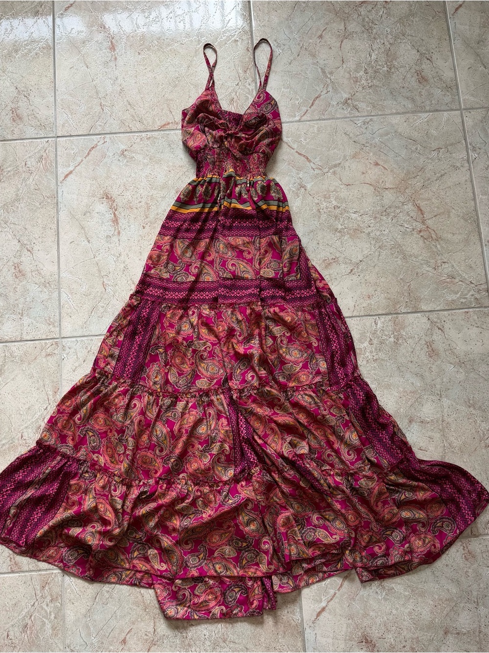 Bohemian Paisley Tiered Maxi Dress in Fuchsia Pink